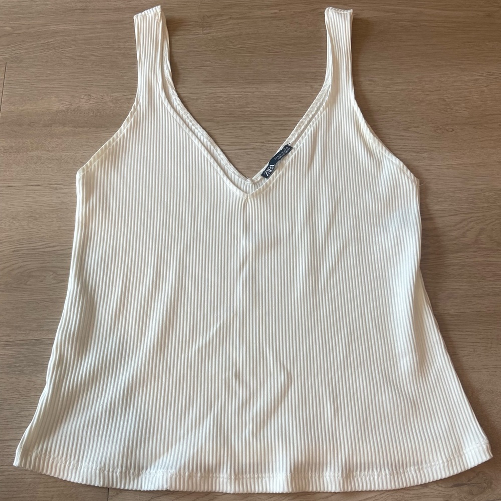Zara White Ribbed Tank Top - medium